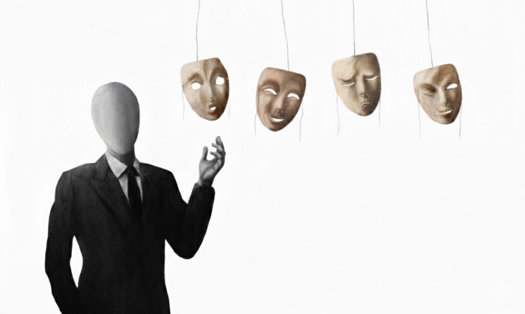 مردی با کت و شلوار و چهره‌ی خالی، نمادی از فقدان اصالت، که در حال انتخاب از میان نقاب‌های آویزان برای پنهان کردن خود واقعی به دلیل ترس از قضاوت است.