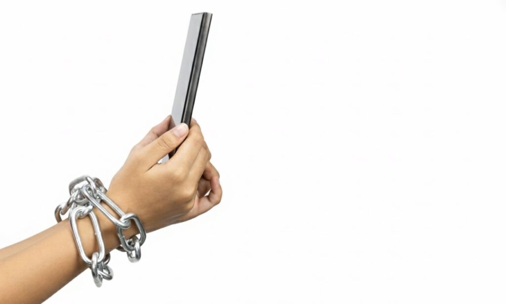 تصویر مفهومی از دست‌هایی که با زنجیر به یک گوشی هوشمند قفل شده‌اند، نمادی از اعتیاد به محتوا و به دام افتادن در «اقتصاد توجه» که در مقاله «ماهی قرمز ذهن» به آن پرداخته شده است.