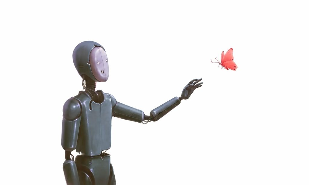 ربات و پروانه قرمز به عنوان نمادی از رابطه عاطفی با هوش مصنوعی