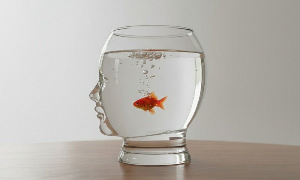 تصویری مفهومی از یک ماهی قرمز تنها در تنگی شیشه‌ای به شکل سر انسان، نمادی از ذهن انسان که از سکوت فرار کرده و به دنبال محتوای بیرونی است. این تصویر استعاره «ماهی قرمز ذهن» را برای مقاله‌ای از دکتر سروش غفاری نشان می‌دهد.