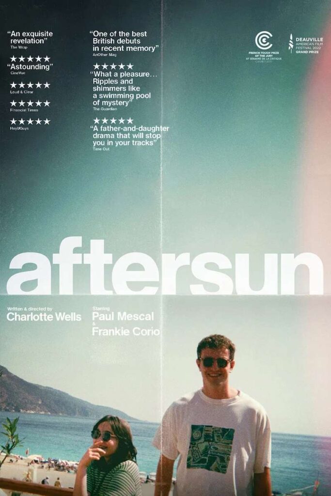 پوستر فیلم افترسان (Aftersun)، تصویر دختر و پدر در ساحل، نمادی از سوگ ابهام‌آمیز و رنج خاموش پدر.