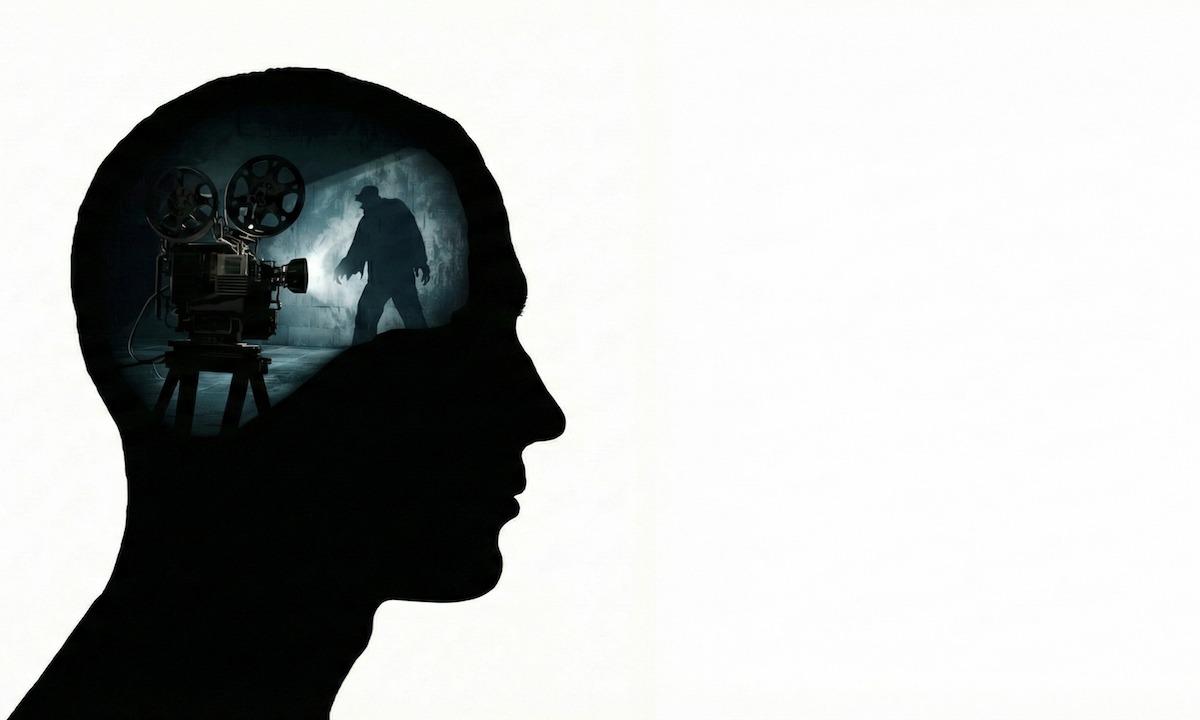 تصویر مفهومی از نیم‌رخ سر انسان که در آن یک پروژکتور سینمایی، سایه‌ای ترسناک و هیولاصفت را روی دیوار نمایش می‌دهد؛ نمادی از فاجعه‌سازی و سناریوسازی ذهن.