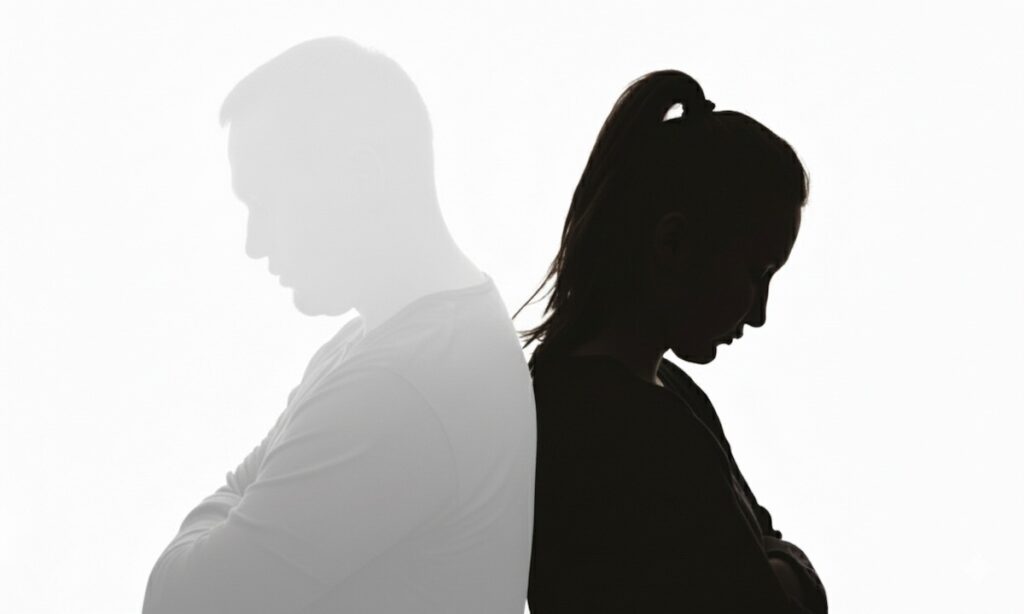 تصویر مفهومی آدم‌های خاکستری در رابطه؛ سیلوئت یک زن و مرد که پشت به هم نشسته‌اند و مرد به صورت محو و خاکستری، نماد فاصله عاطفی و سردی در رابطه است.