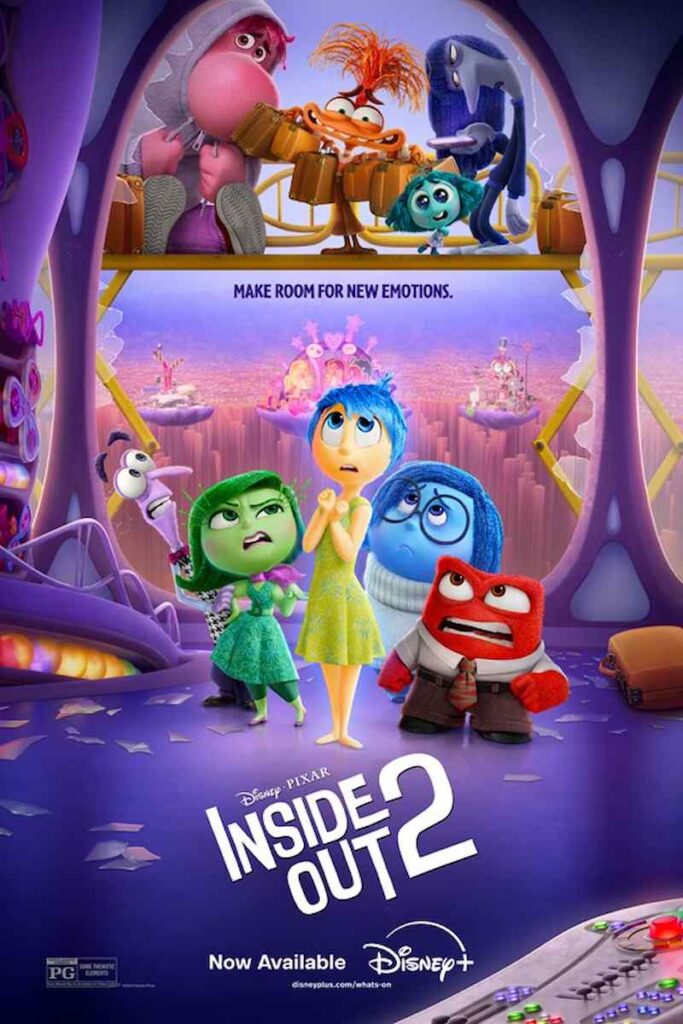 پوستر رسمی انیمیشن درون و بیرون ۲ (Inside Out 2)؛ نمایش شخصیت اضطراب در اتاق فرمان مغز و نحوه شکل‌گیری سناریوهای ترسناک و فاجعه‌سازی.