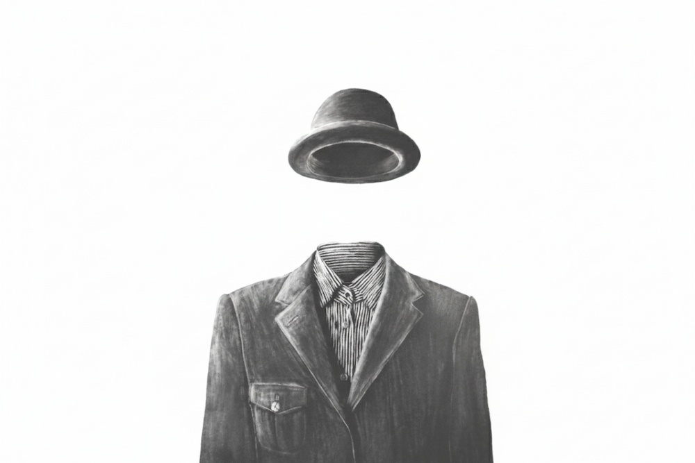 تصویری از یک کت و کلاه بدون سر و بدن، نمادی از از دست دادن هویت و احساس تهی شدن (مسخ هویت) که از تأثیرات فرسودگی شغلی بر سلامت روان است.