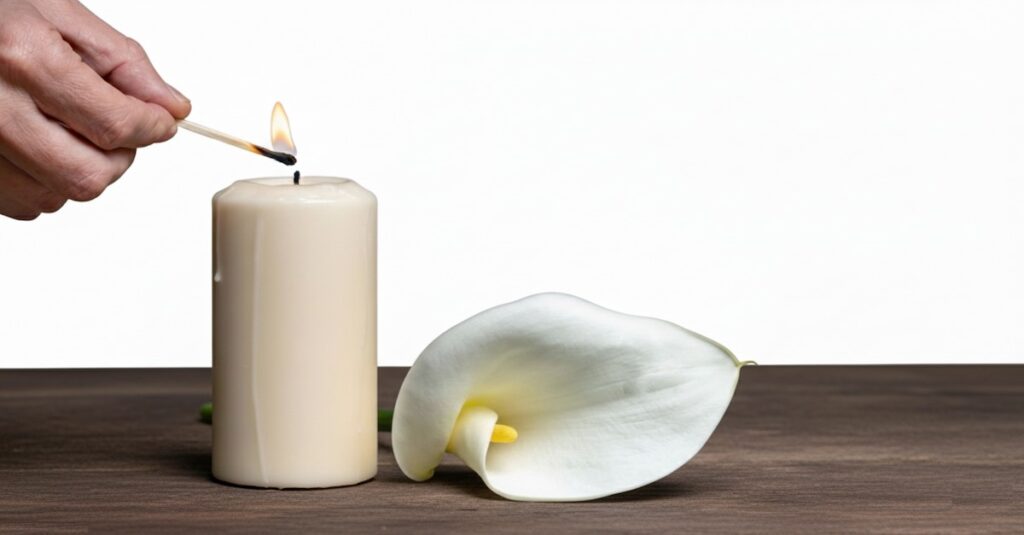روشن کردن شمع کنار یک گل، نمادی از ایجاد آیین‌های شخصی و یادبود برای تسکین سوگ پنهان.