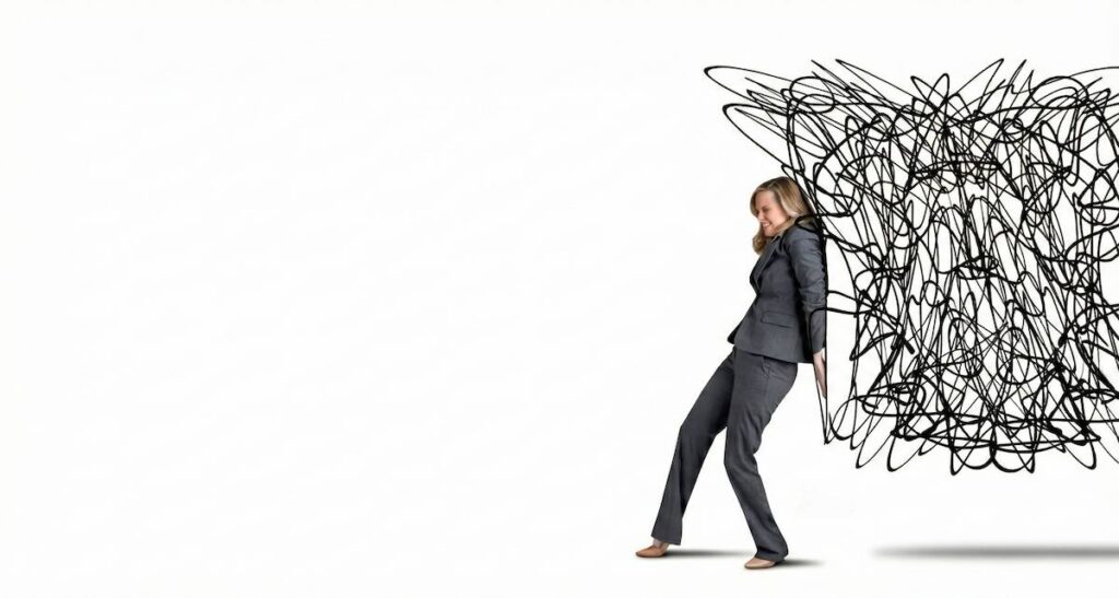 زنی که در حال هل دادن و کنار زدن افکار آشفته است؛ نمادی از تکنیک‌های مدیریت ذهن، مقابله با وسواس و بازپس‌گیری کنترل زندگی.