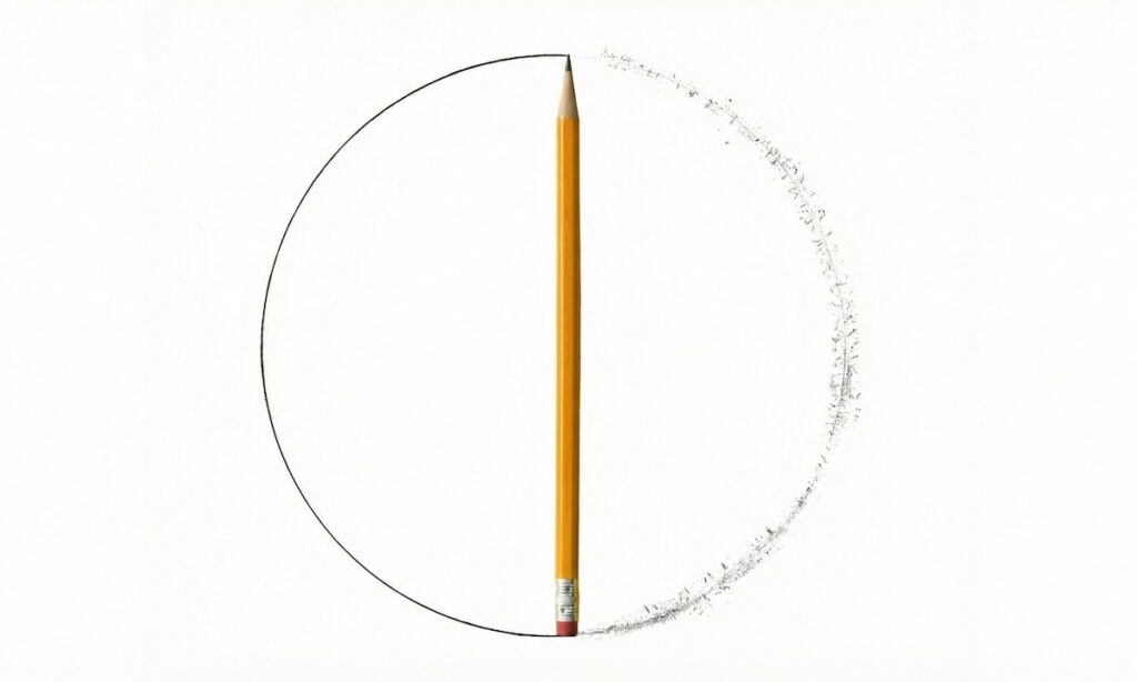 مداد زردی که یک دایره را رسم کرده اما همزمان با پاک‌کن خود آن را پاک می‌کند؛ تصویر مفهومی برای مقاله روان‌شناسی خودویرانگری (سابوتاژ) و کمال‌گرایی منفی.
