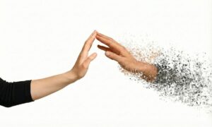 تصویر مفهومی دو دست. دست زن سالم و در حال لمس دست مرد که در حال محو شدن و تبدیل به غبار است، نماد ترس از طرد شدن و رهاشدگی در روابط.