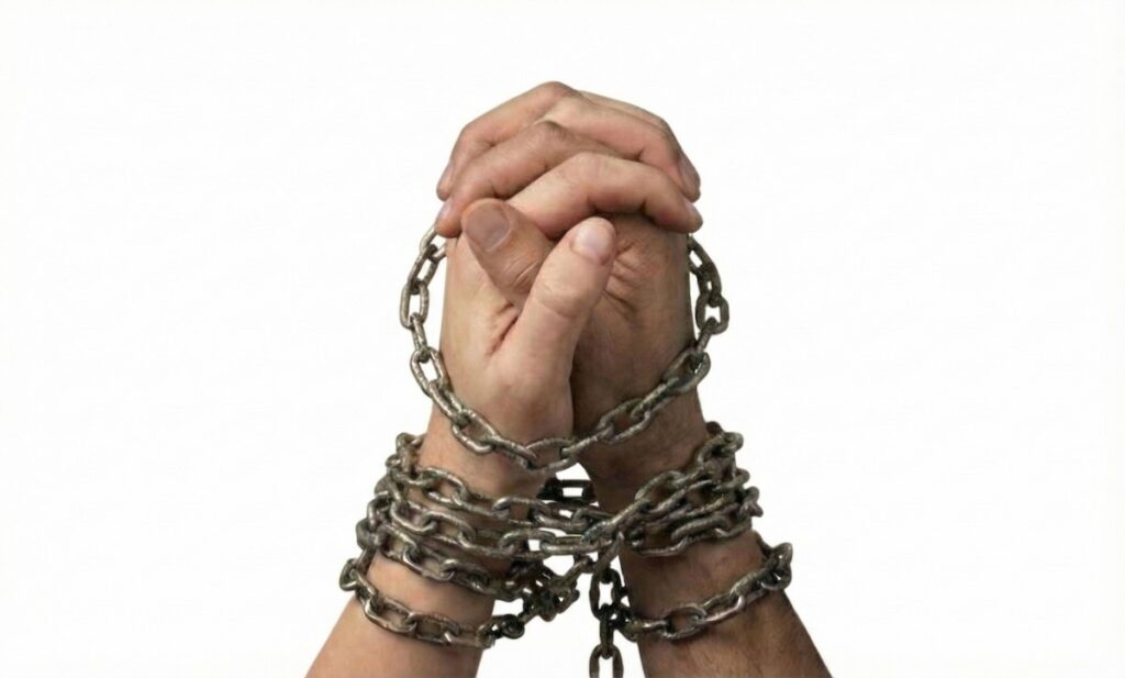 دست‌های بسته شده با زنجیر، نماد وابستگی شدید و ترس از رها شدن در سبک دلبستگی اضطرابی