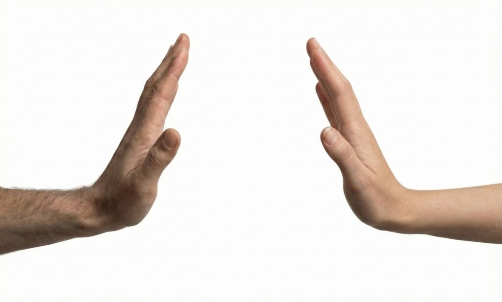 دست‌هایی که مانع نزدیک شدن می‌شوند، نماد فرار از صمیمیت در سبک دلبستگی اجتنابی