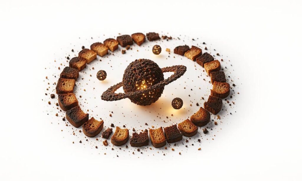 تصویر هنری از سیارهای ساخته شده از نان تست سوخته که حلقهای از تکههای نان تست برشته دور آن میچرخد؛ نمادی خلاقانه برای نظریه نان تست سوخته (Burnt Toast Theory).