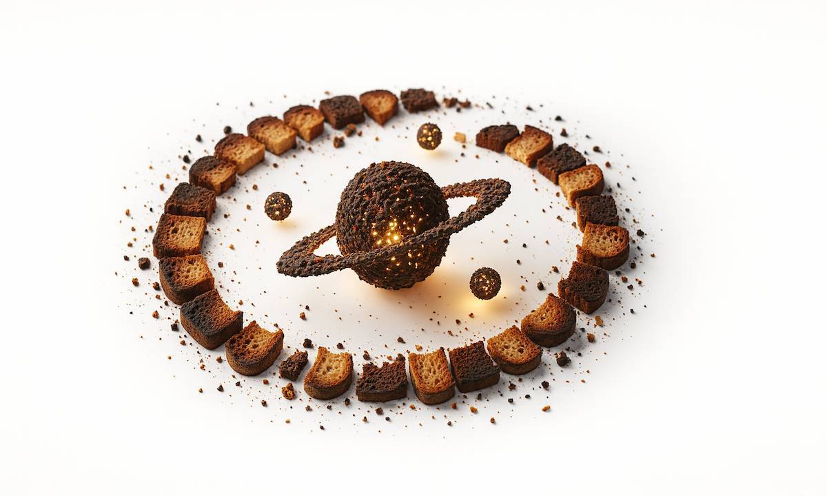 تصویر هنری از سیاره‌ای ساخته شده از نان تست سوخته که حلقه‌ای از تکه‌های نان تست برشته دور آن می‌چرخد؛ نمادی خلاقانه برای نظریه نان تست سوخته (Burnt Toast Theory).