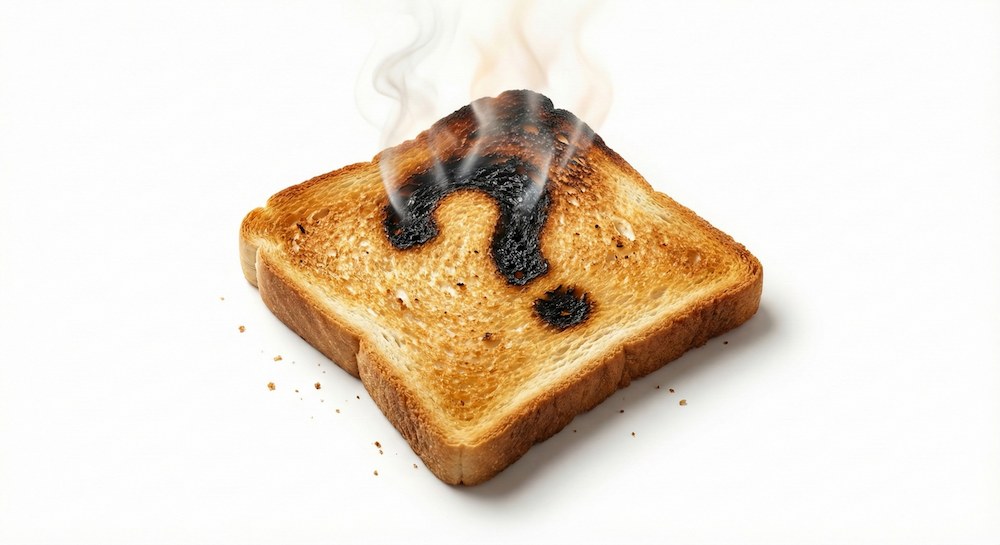 نان تست سوخته با طرح علامت سؤال بزرگ بر روی آن که نماد شک و ابهام در مورد حقیقت نظریه نان تست سوخته است.