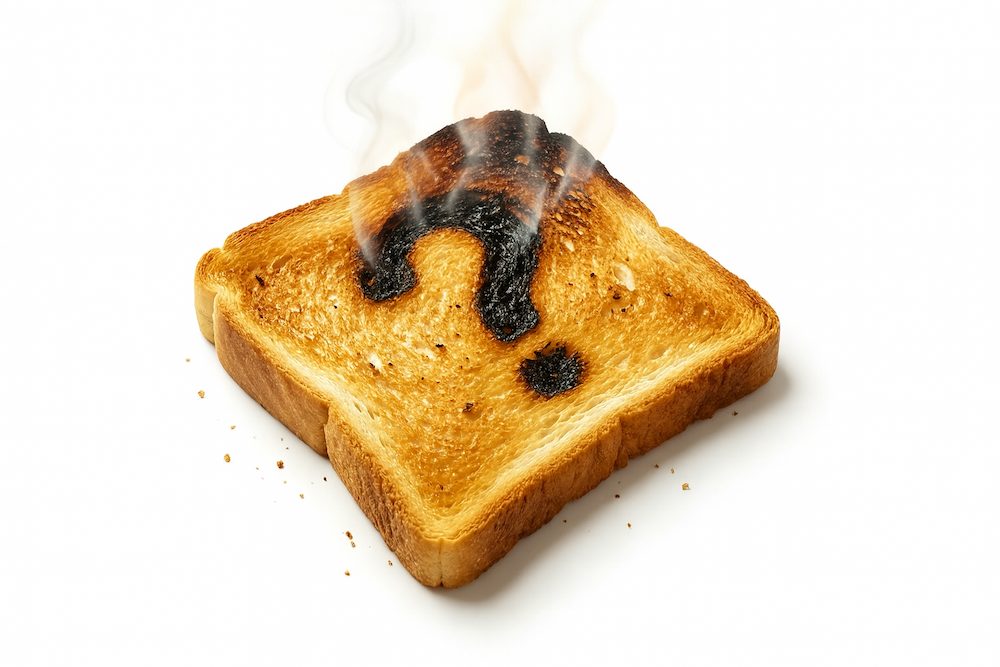 نان تست سوخته با طرح علامت سؤال بزرگ بر روی آن که نماد شک و ابهام در مورد حقیقت نظریه نان تست سوخته است.