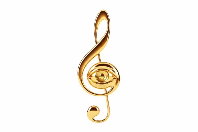 تصویر هنری و نمادین از یک کلید سُل طلایی که یک چشم انسان در مرکز آن قرار دارد. نمادی از بینش عمیق و نگاه ارزشمند به موسیقی زندگی.