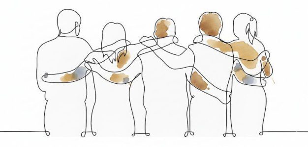 طراحی خطی افرادی که یکدیگر را حمایت می‌کنند، نماد ساختن شبکه حمایتی جدید پس از مهاجرت.