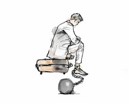 تصویر مردی با یک وزنه‌ی سنگین متصل به پایش، نمادی از زندان درونی و بار سنگین ناشی از هم‌وابستگی.