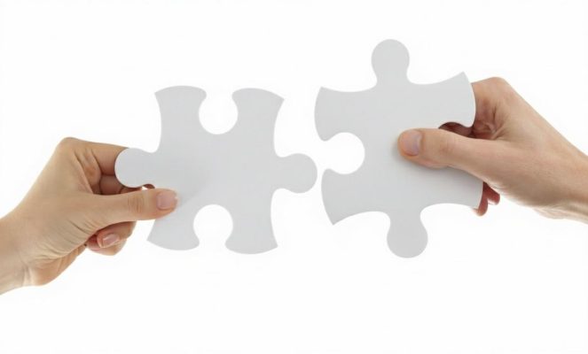 دستان یک زوج که با سکس‌تراپی در حال کامل کردن پازل رابطهٔ خود هستند؛ نمادی از بهبود رابطه جنسی و حل مشکلات دوطرفه.