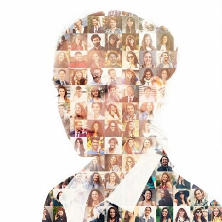 تصویری مفهومی از سیلوئت سر انسان پر شده از چهره‌های متعدد، نماد ساختار هویت و اثر بی‌تعلقی بر گم کردن خود واقعی.