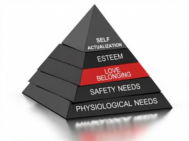 هرم مازلو که نیاز به عشق و تعلق (Love and Belonging) را در ردیف سوم نیازهای بنیادین انسان نشان می‌دهد.