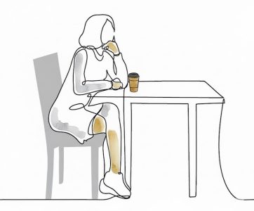 migration-accepting-emotions طراحی خطی زنی تنها پشت میز، نماد تأمل و پذیرش احساسات در دوران استرس مهاجرت.