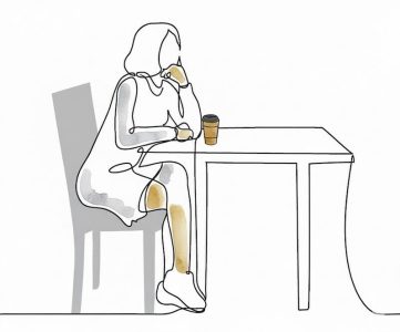 طراحی خطی زنی تنها پشت میز، نماد تأمل و پذیرش احساسات در دوران استرس مهاجرت.