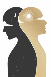 دو نیمرخ پشت به هم با تصویر روز و شب، نماد دوگانگی و چالش‌های هویتی در استرس مهاجرت.