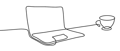 تصویر خطی یک لپ‌تاپ و فنجان قهوه، نمادی از امکان دریافت خدمات مشاوره و روان‌درمانی به صورت آنلاین و تلفنی از هر کجا.