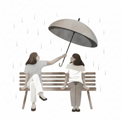زنی که زیر باران چتر را برای دیگری گرفته، نماد فداکاری بیش از حد در روابط وابسته.
