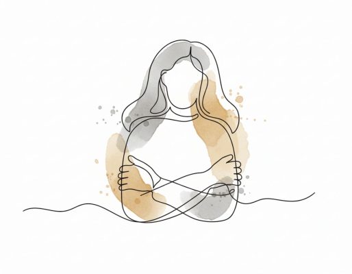 تصویر زن در حال در آغوش گرفتن خود، نمادی از تبدیل شدن به والد مهربان درون برای تقویت عزت نفس.