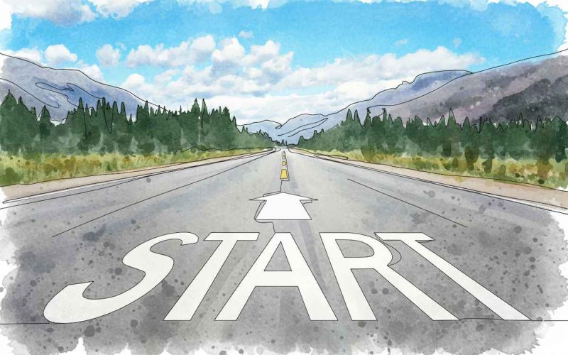 starting-new-life-after-divorce-path جادهای به سوی آینده با کلمه شروع، نماد آغاز مسیری جدید و شروعی دوباره پس از طلاق و جدایی.