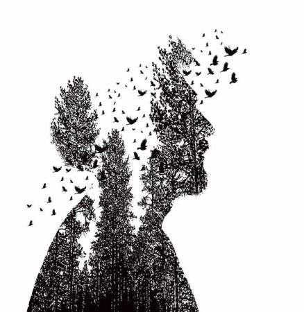 تصویر انتزاعی از نیمرخ انسان که از درختان و پرندگان در حال پرواز تشکیل شده، نمادی از انواع سوگ پنهان برای از دست دادن هویت، ریشه‌ها یا رویاها.